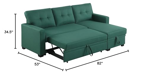 L-Shape Green Linen Sofa with Storage Chaise and Pull-Out Bed P660491