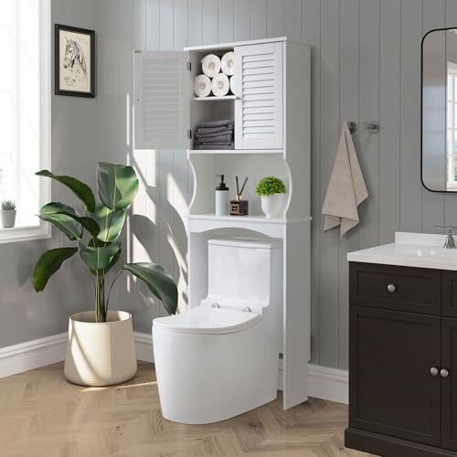 White 3-Tier Over The Toilet Storage Cabinet with Double Doors, 23 x 67 inches G80433
