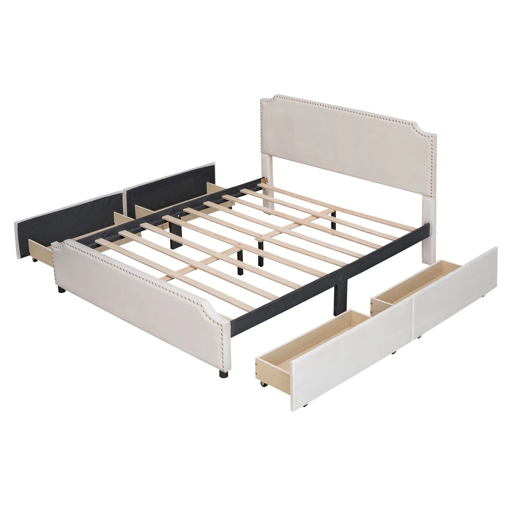 Beige Velvet Queen Size Bed with 4 Storage Drawers K452175