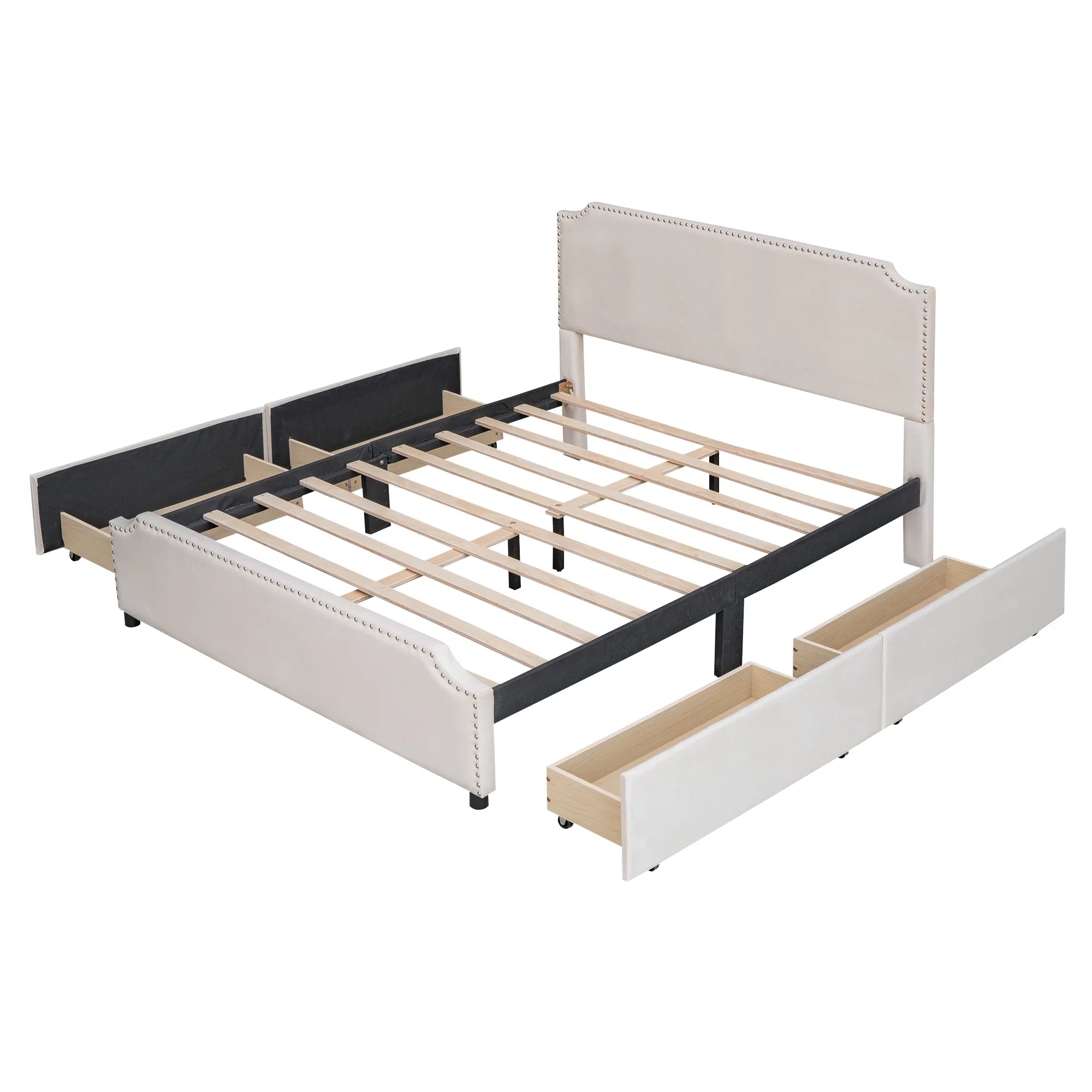 Beige Velvet Queen Size Bed with 4 Storage Drawers K452175
