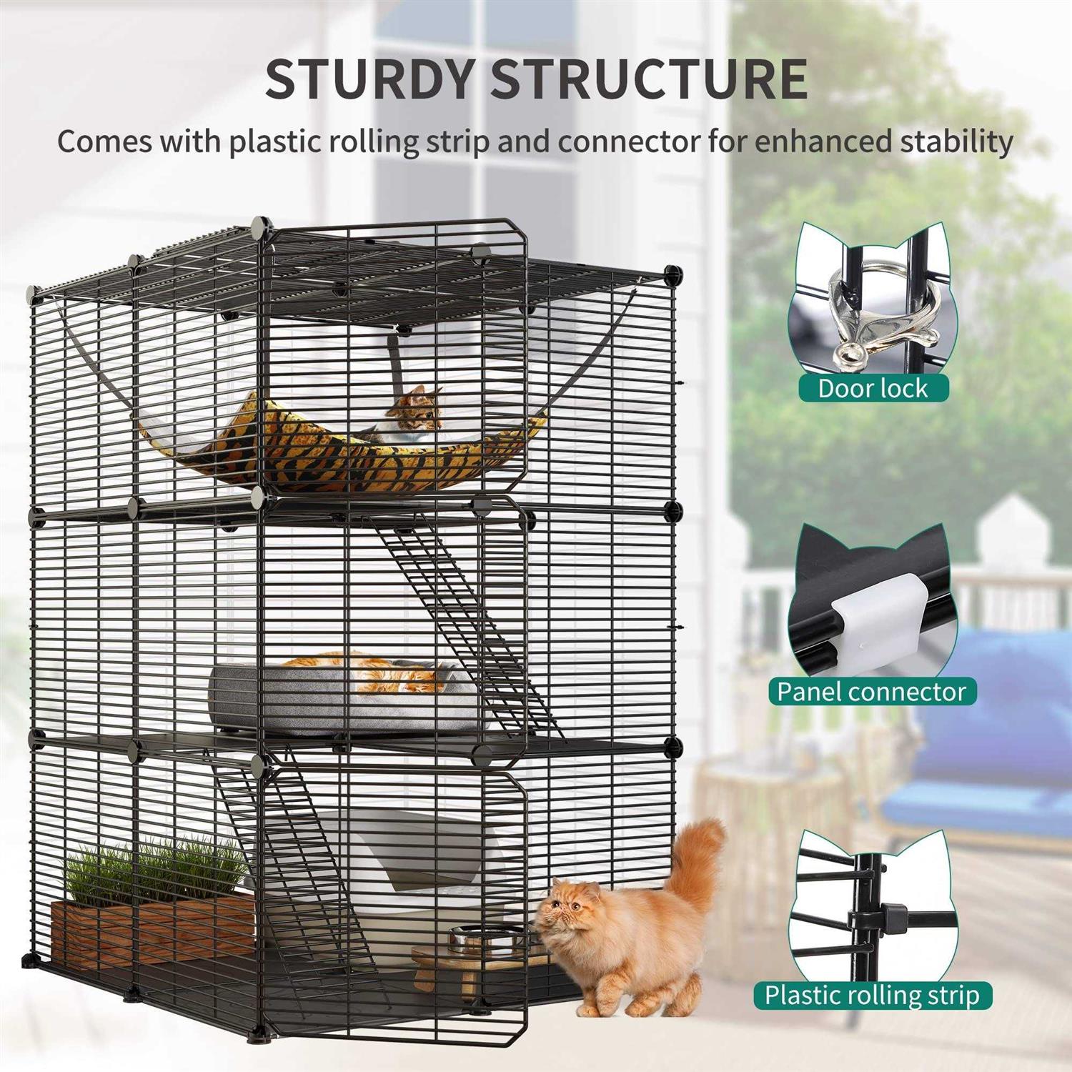 Cat Cage Indoor Cat Enclosures DIY Cat Playpen Metal Kennel with Extra Large Hammock U53044