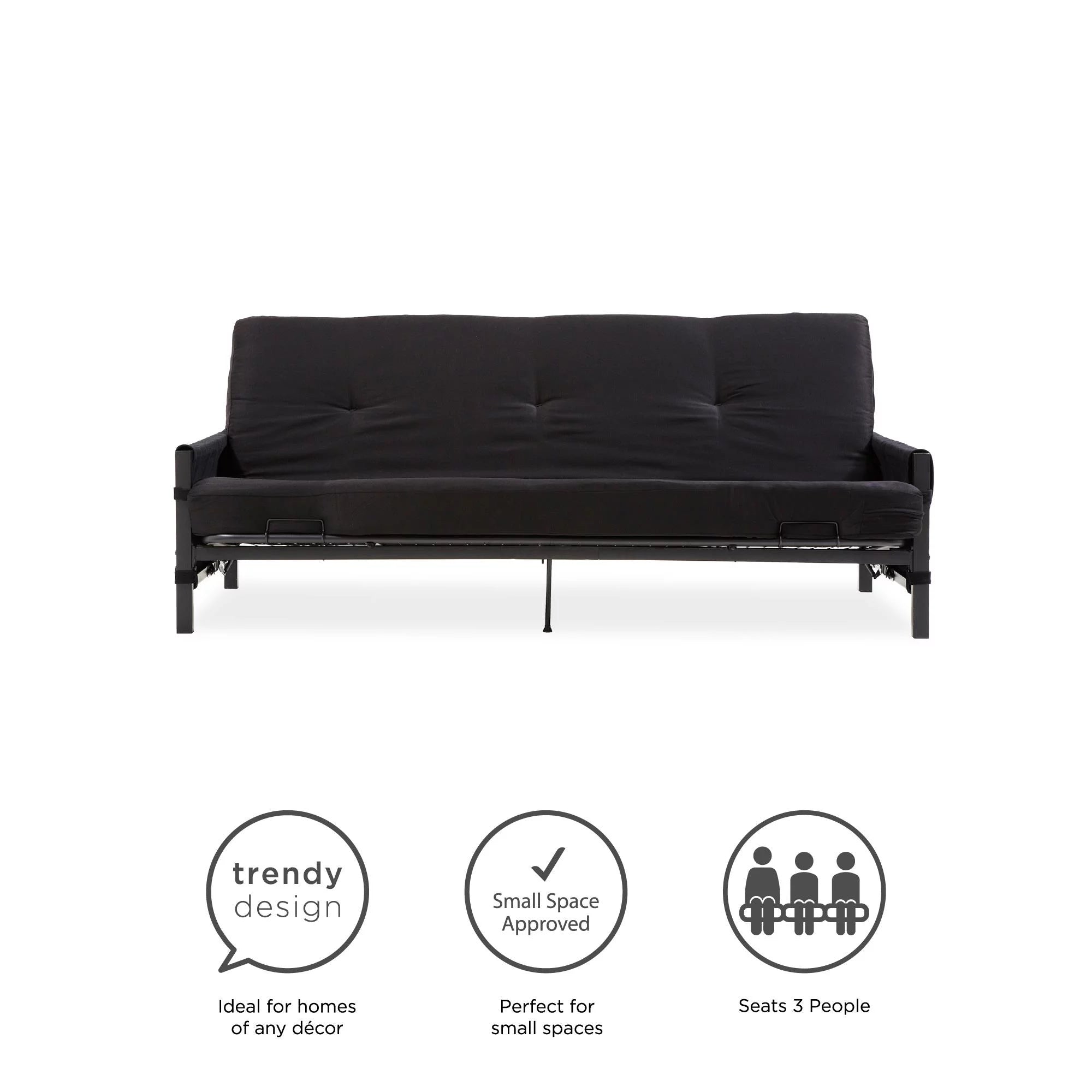 Black Metal Frame Futon Set with Mattress and Storage Pockets O515915