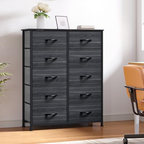 10 Drawer Fabric Storage Dresser with Steel Frame and Wooden Top U493