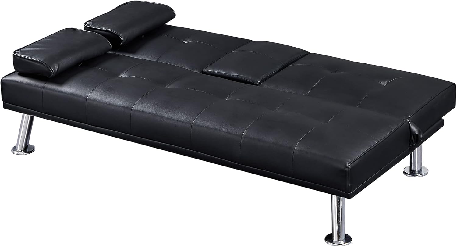 Black Faux Leather Loveseat Sofa Bed with Cup Holders H32808