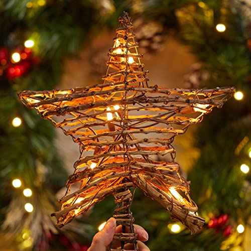 3D Rustic Rattan Christmas Tree Star Topper with 10 Bulbs Q43996