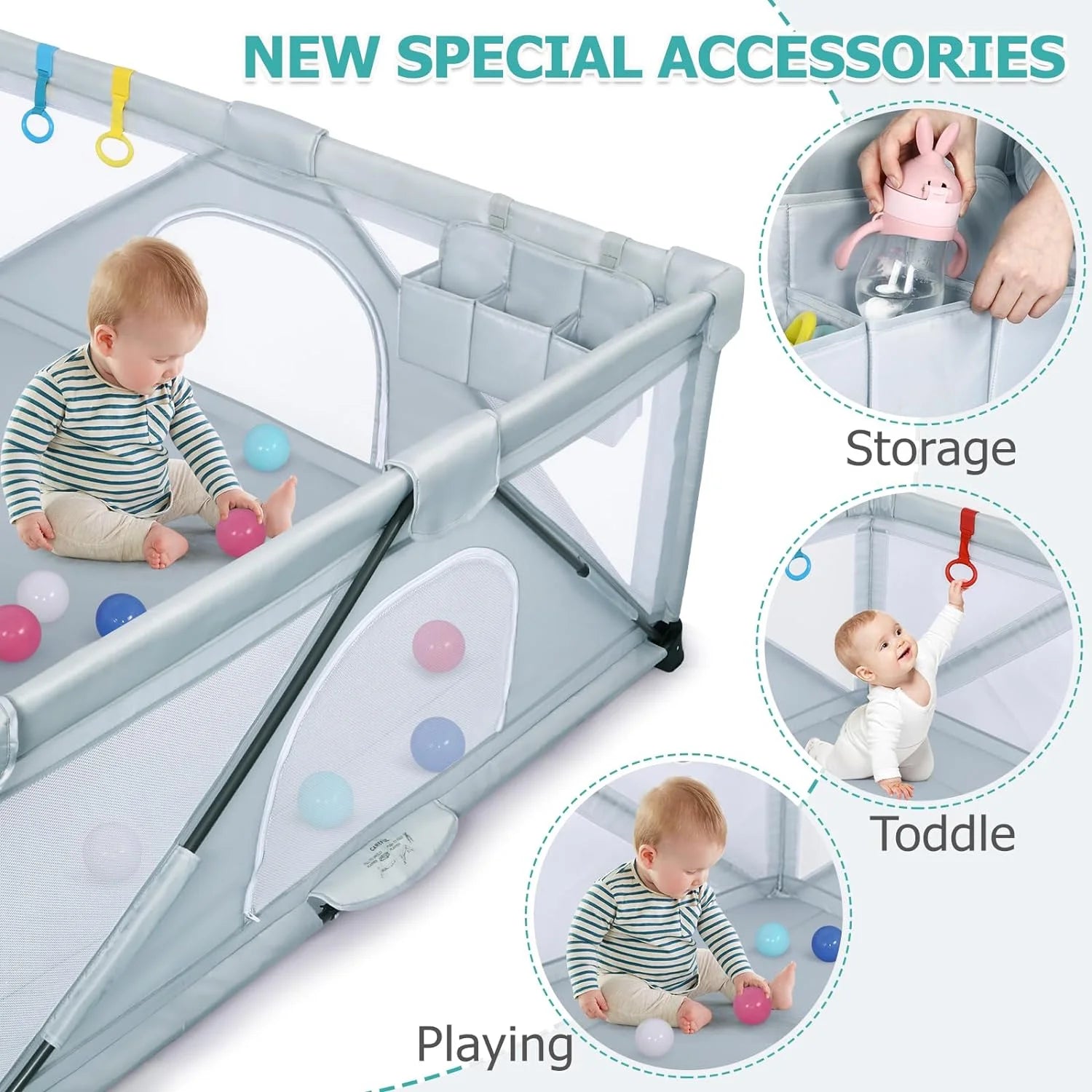 Foldable Large Play Pen with 2 Storage Bags 4 Handlers 50 Balls (71" × 59") C608246