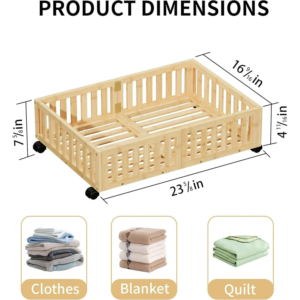 Bamboo Under Bed Storage with Wheels (2-Pack) Rolling Shoe Organizer Box S3944