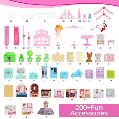 13 Rooms Dollhouse with Dolls Figures, Lights, Puppies, Furnitures, Accessories (Pink) G51832