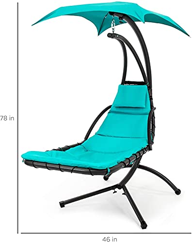 Teal Curved Steel Chaise Lounge Chair Swing with Built-in Pillow and Removable Canopy O470307