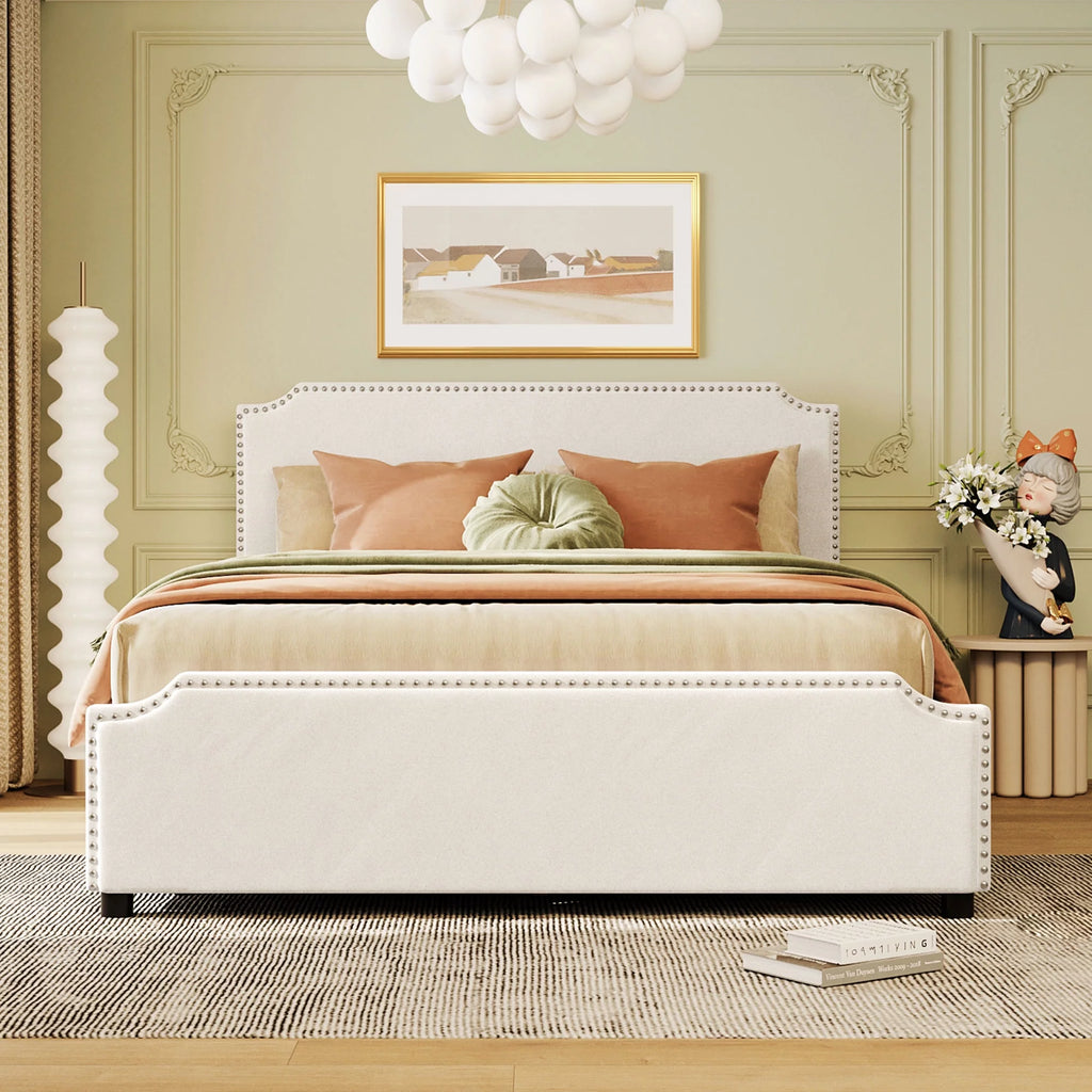 Beige Velvet Queen Size Bed with 4 Storage Drawers K452175