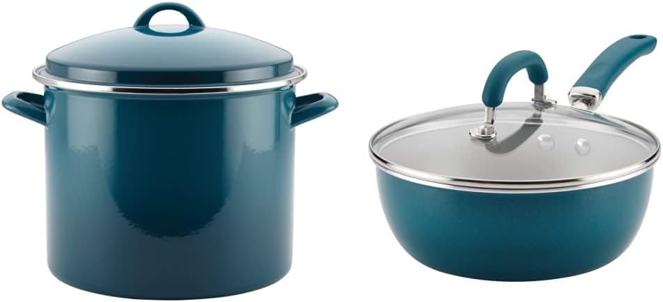 12 Quart Enamel on Steel Stock Pot with Lid & 3 Quart Nonstick Saute Pan with Lid, Marine Blue F3282