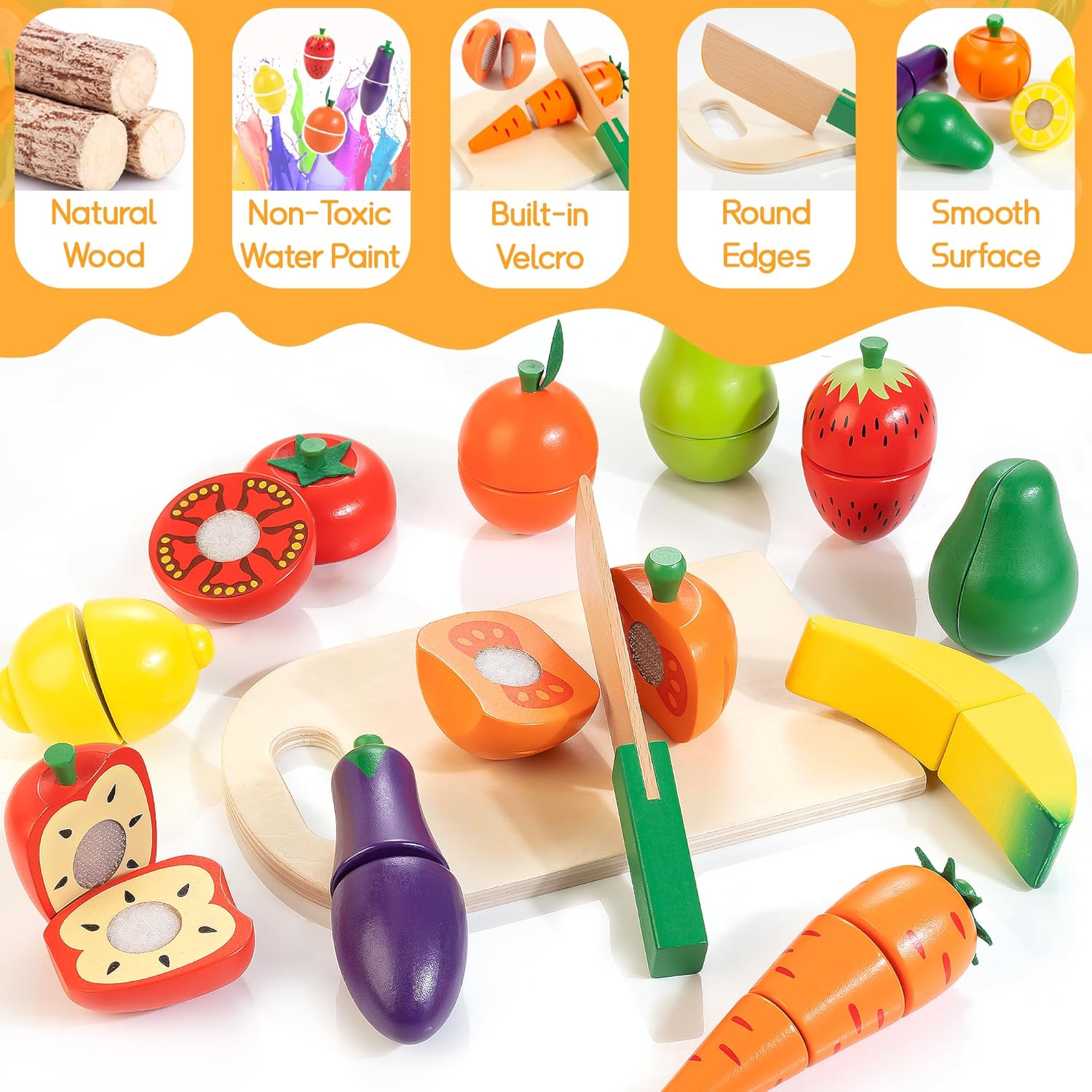 Velcro Fruit and Veggies Cutting Set Wooden Play Food S328