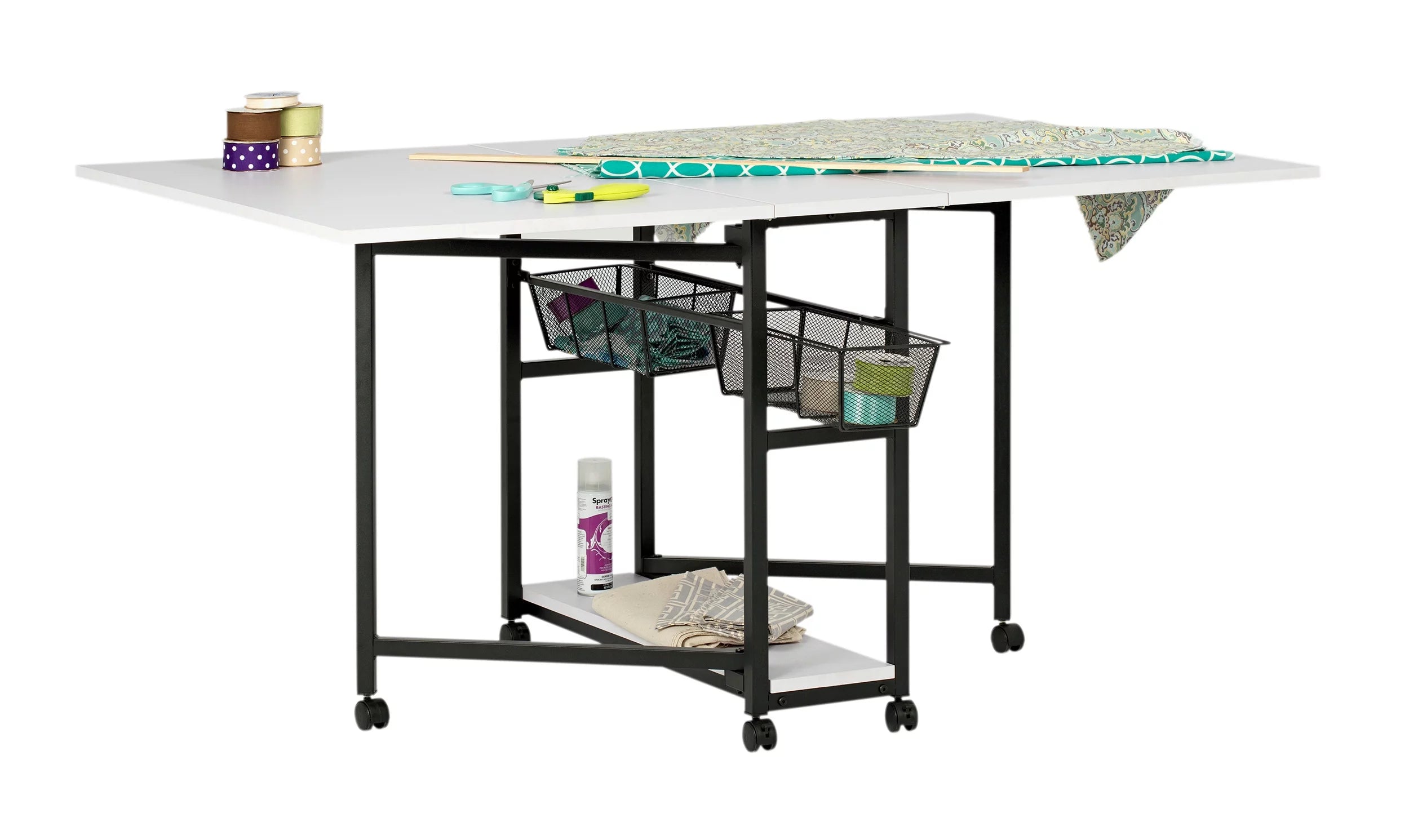 Charcoal White Mobile Fabric Cutting Table with Storage 30" H P7816