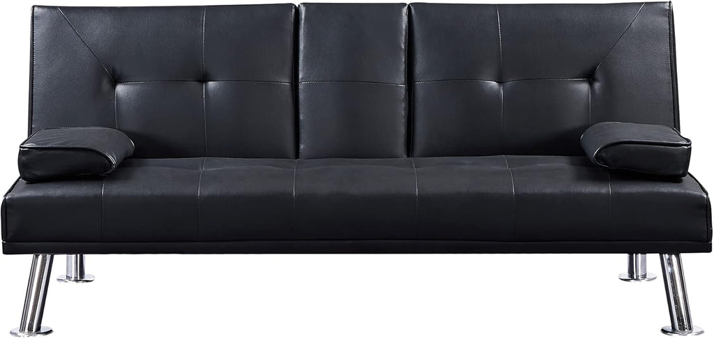 Black Faux Leather Loveseat Sofa Bed with Cup Holders H32808