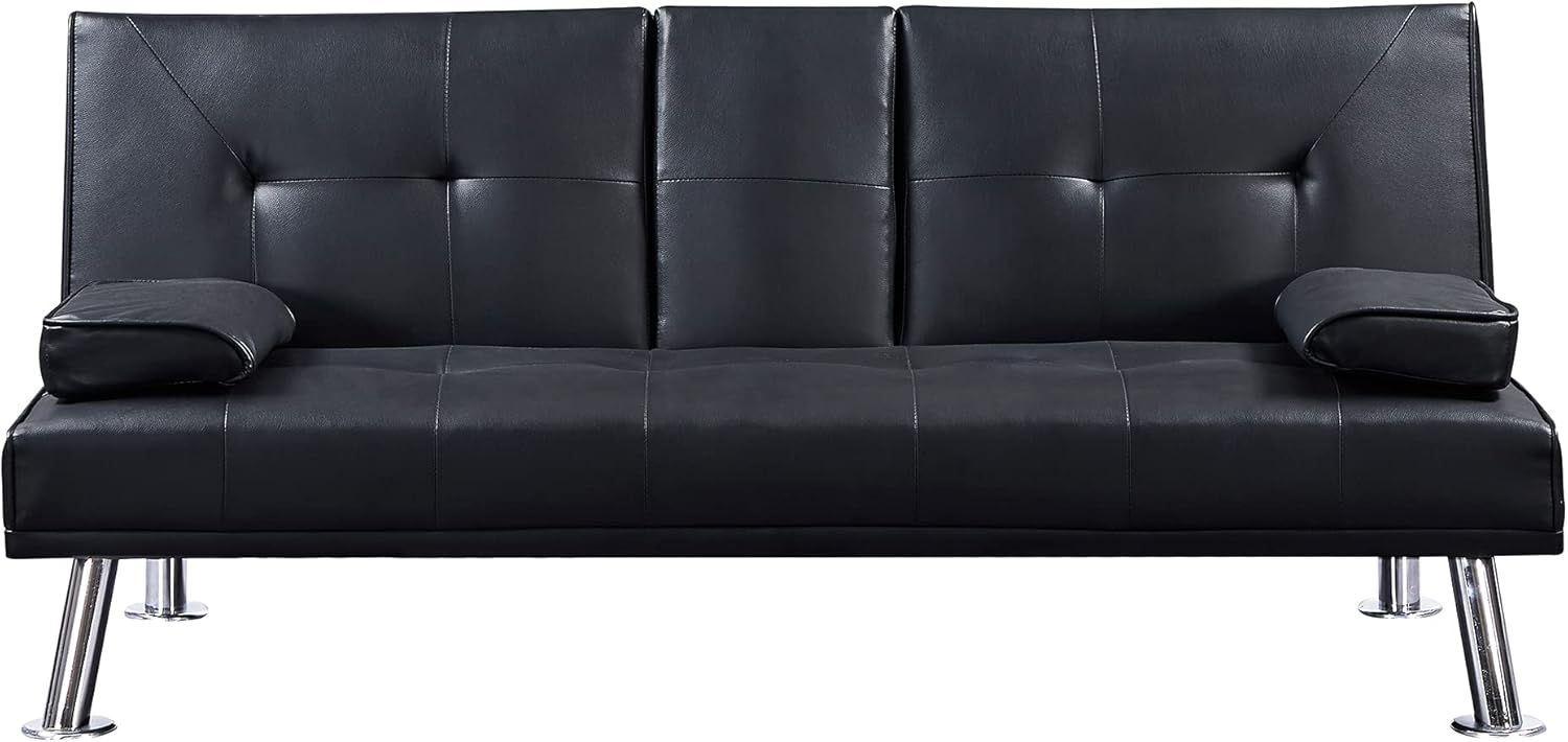 Black Faux Leather Loveseat Sofa Bed with Cup Holders H32808