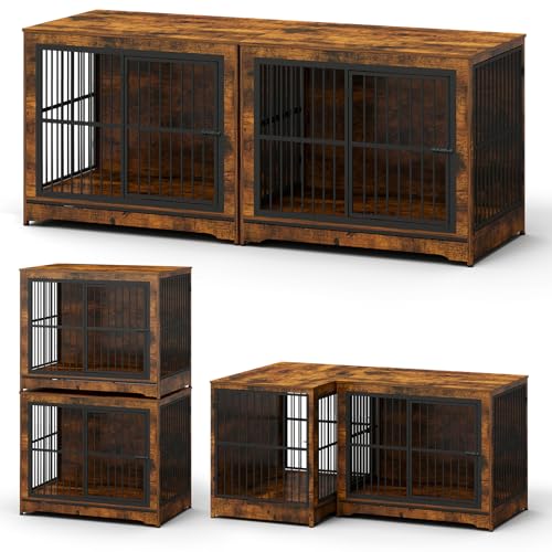 Rustic Brown Double Dog Crate Furniture with Divider E43916
