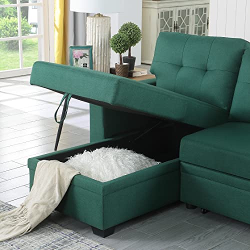 L-Shape Green Linen Sofa with Storage Chaise and Pull-Out Bed P660491