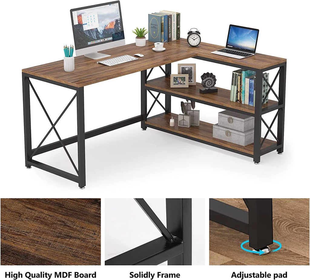 Reversible Industrial L-Shaped Desk with Storage Shelves, Corner Computer Desk (Brown, 59") J136747