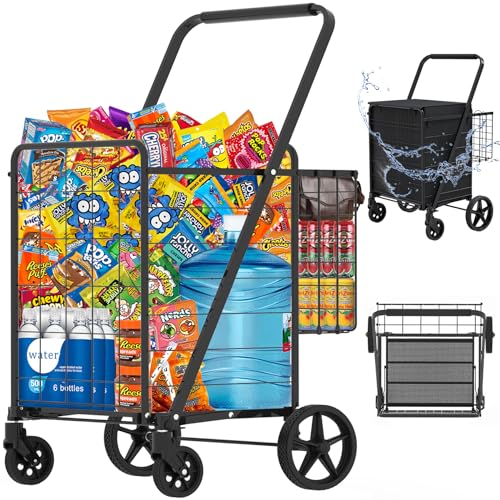 Heavy Duty Folding Shopping Cart with Double Basket, 360° Swivel Wheels, Waterproof Bag C887800