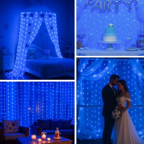 300 LED Fairy Curtain Lights, 9.8ft x 9.8ft Battery Operated Blue String Hanging Lights U57100