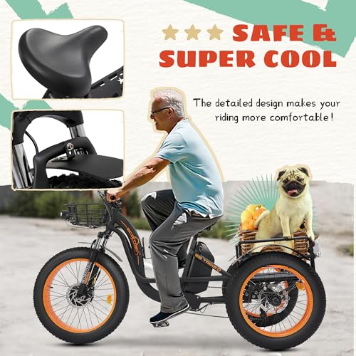 Electric Tricycle, Fat Tire 750W 48V 22.4AH Removable Battery, 7 Speeds 3 Wheel Electric Trike with Basket X3905