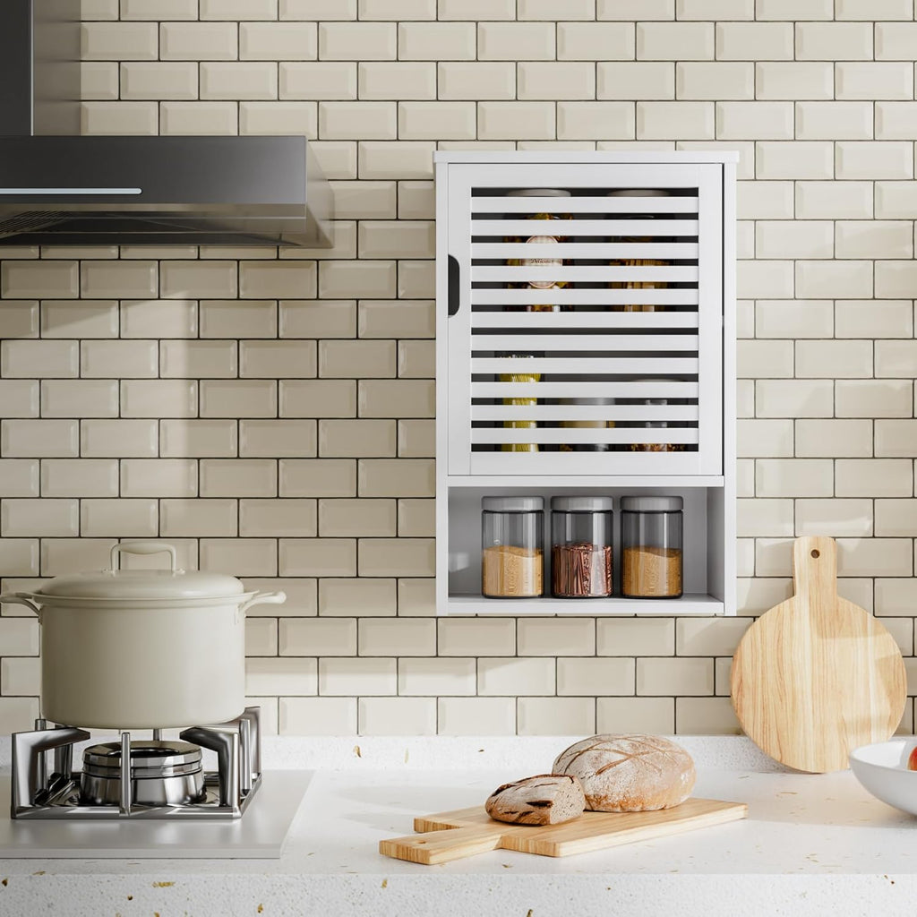 White Freestanding Bamboo Floor Cabinet with Adjustable Shelves and 4 Hooks K869243