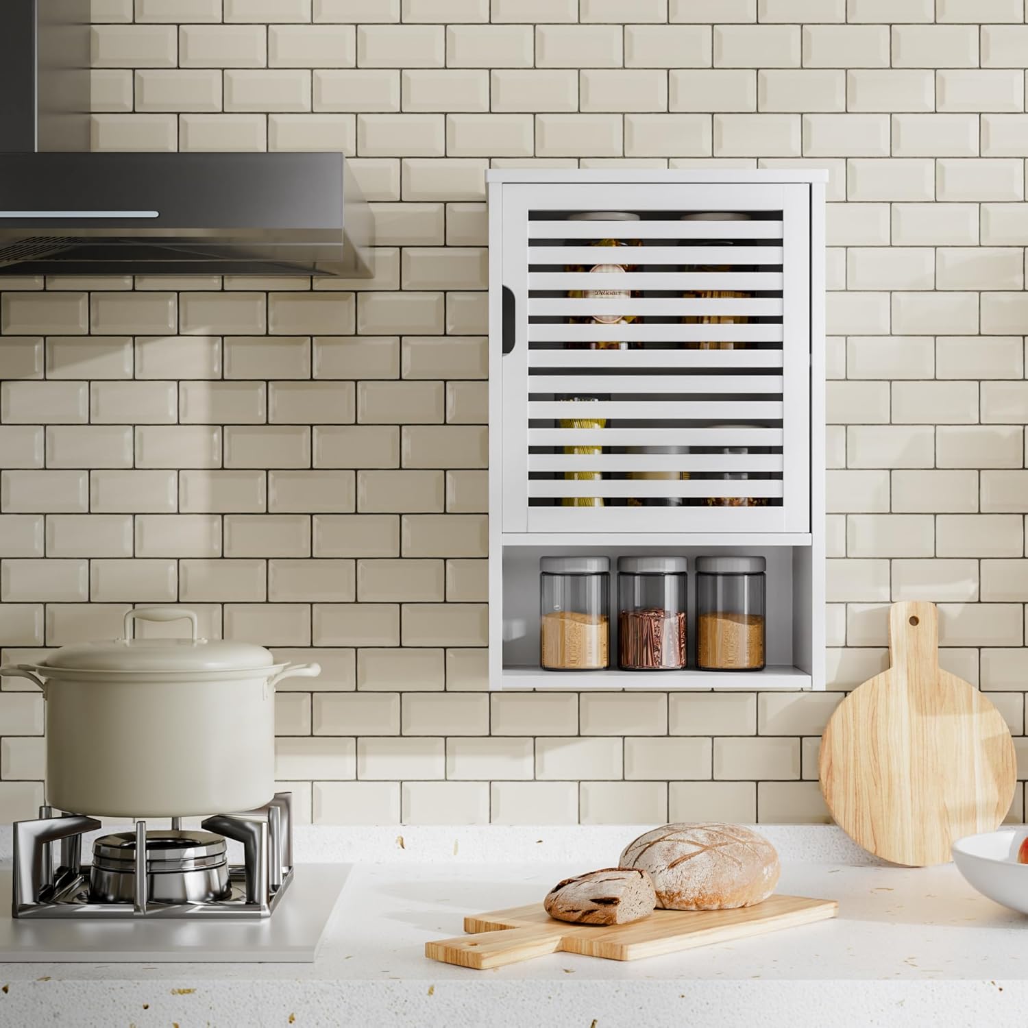 White Freestanding Bamboo Floor Cabinet with Adjustable Shelves and 4 Hooks K869243