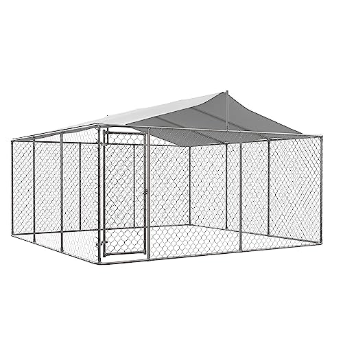 Large Outdoor Galvanized Steel Dog Kennel with Cover, 90" L x 90" W x 65" H O569