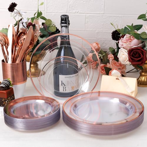 300PCS Gold Disposable Dinnerware Set - White and Gold Plastic Plates X40148