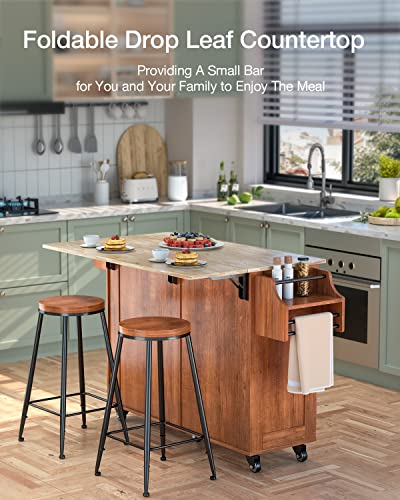 Brown Kitchen Island with Drop Leaf Storage on Wheels U33727