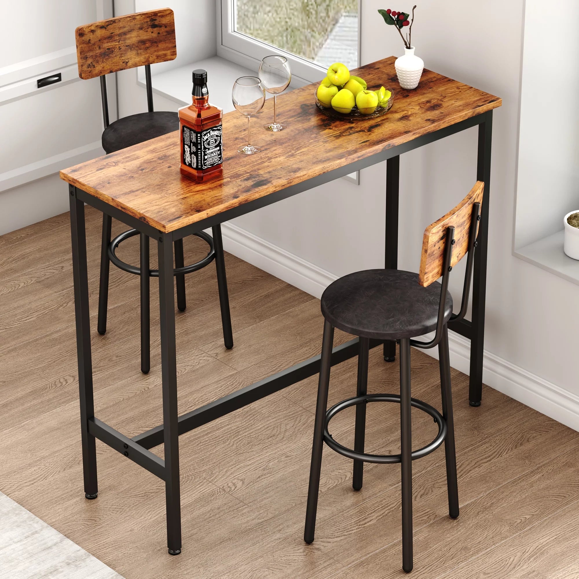 Rustic Brown 3 Pieces Bar Table Set with 2 Stools J7694