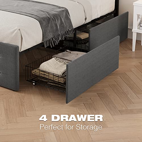 Grey Queen Size Upholstered Platform Bed Frame with 4 Storage Drawers P49629
