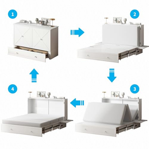 Queen Size Murphy Bed with Tri-Folding Mattress and Drawers H52517