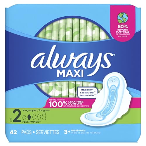 Size 2 Long Super Absorbency Unscented Maxi Pads with Wings, 42 Count P8411