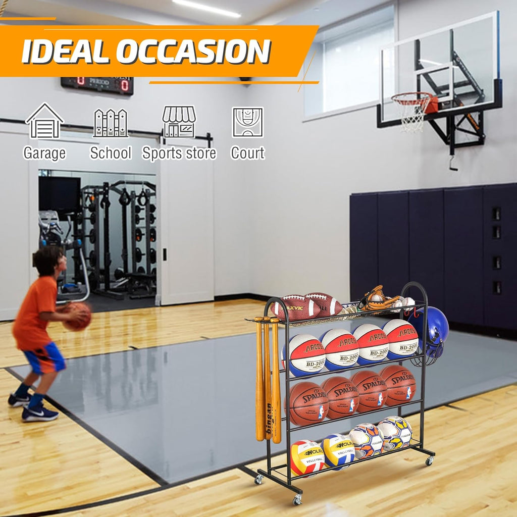 Basketball Rack with Baseball Bat Holder and Hooks, Powder Coated Steel H653