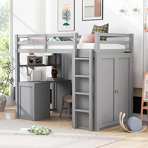 Full Size Solid Wood Loft Bed with Desk and Wardrobe S609