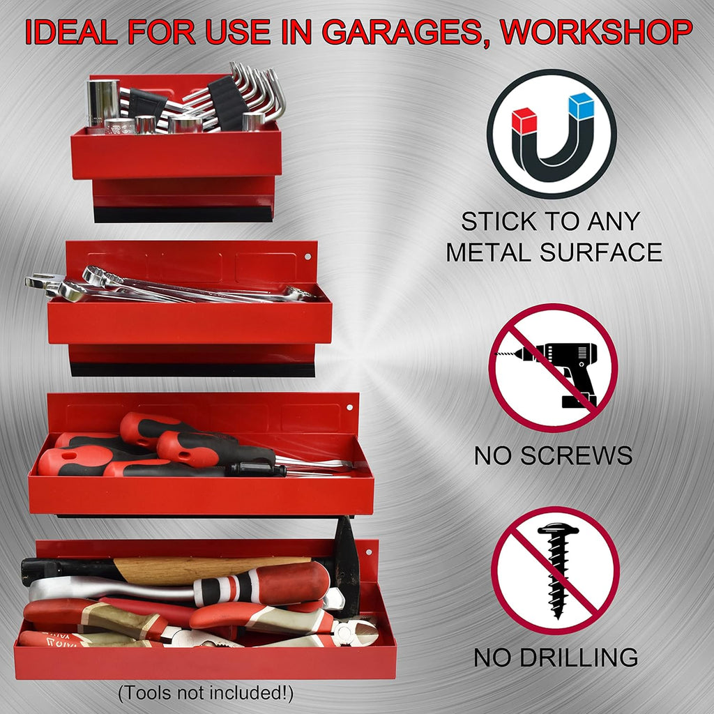 Magnetic Shelf 4-Pcs Set - Red Metal Tool Box with Strong Magnets - Pack of 2 U293