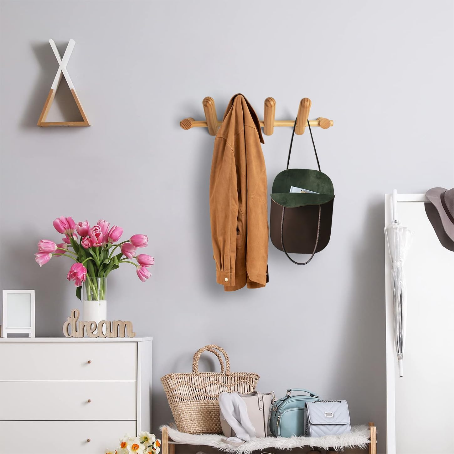 Wooden Wall Mounted Coat Rack with 4 Pegs M1398