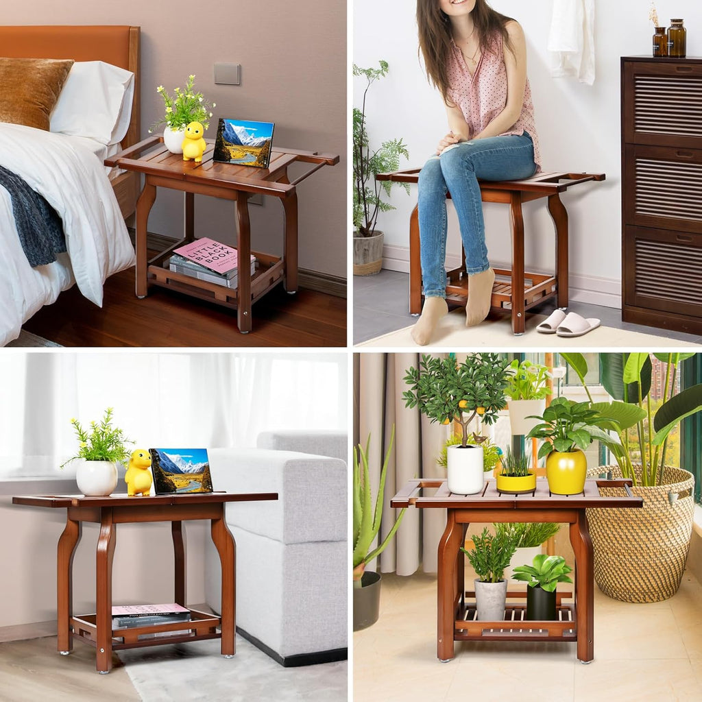 2-Tier Bamboo Shower Chair with Storage Shelf Y1179