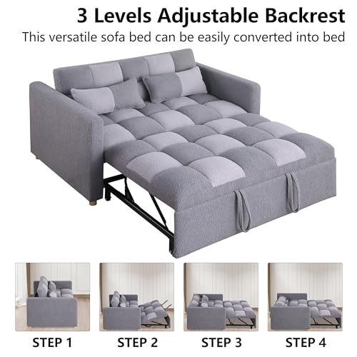 Brown Teddy Fabric Pull Out Sleeper Sofa with Adjustable Backrest and Pillows G628159