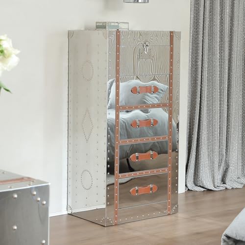5 Drawers Tall Dresser with Flip Top Mirror Metal Clad Antique Chest I409