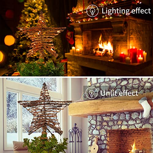 3D Rustic Rattan Christmas Tree Star Topper with 10 Bulbs Q43996