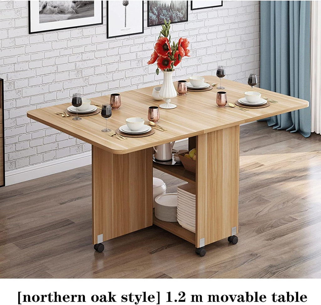 Expandable Rectangle Wood Drop Leaf Dining Table with 6 Wheels H286