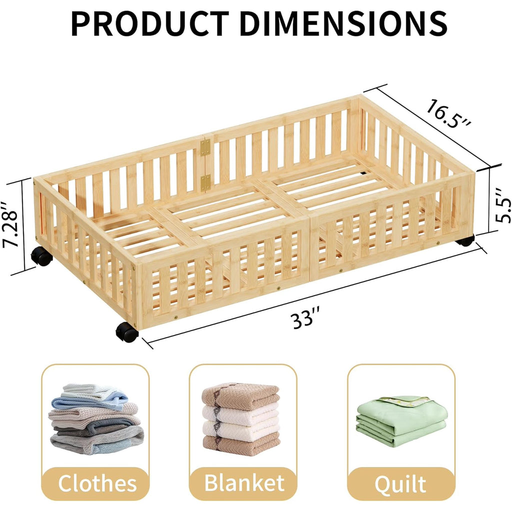 Bamboo Under Bed Storage with Wheels (2-Pack) Rolling Shoe Organizer Box S3944