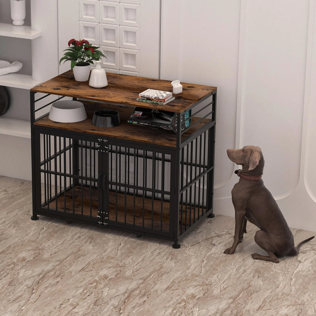 Brown 40" Wooden Dog Crate Furniture with Storage Shelf P713633