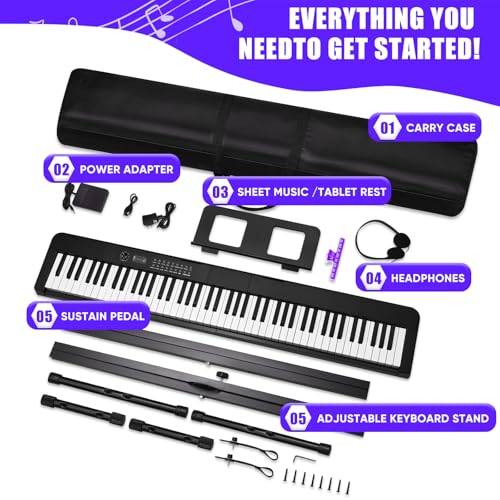 88 Key Semi Weighted Digital Piano with Music Stand, Sustain Pedal, Bluetooth, Carrying Case, Headphones B767045