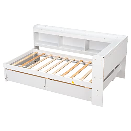 Grey Full Size Wooden Platform Bed with Two Storage Drawers and L-Shaped Bookcase F3796