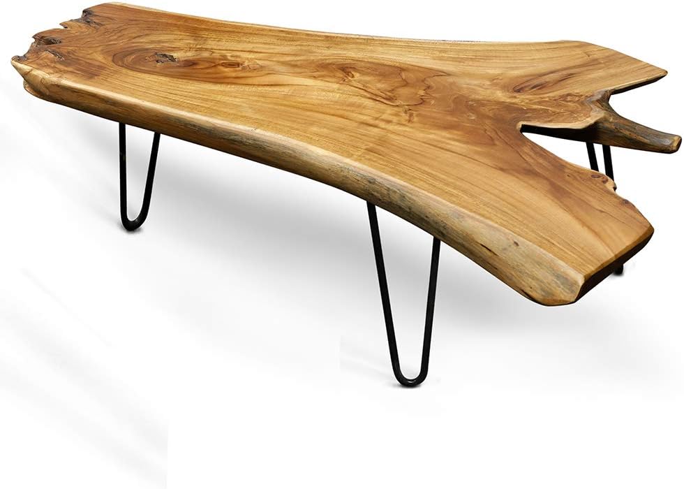 Natural Wood Edge Teak Coffee Table with Clear Lacquer Finish and Metal Hairpin Legs D502538