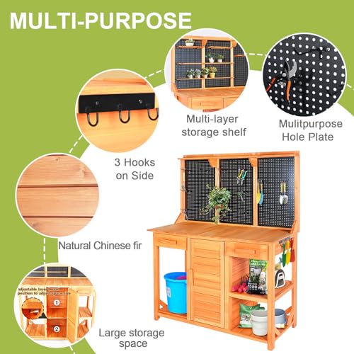 Wooden Potting Bench with Storage Drawer, Cabinet, Metal Pegboard, Adjustable Hooks and Shelves R807071