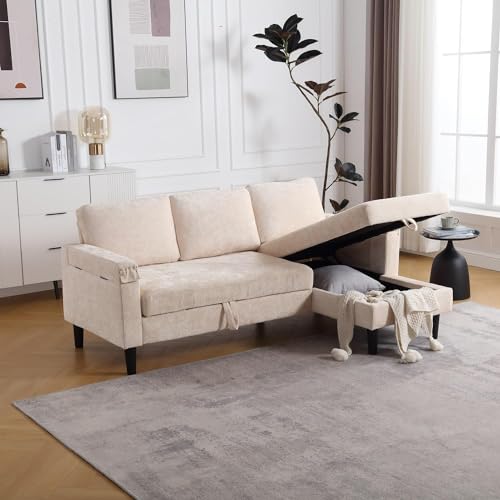 Beige L Shape Chenille Pull Out Sofa Bed Y304